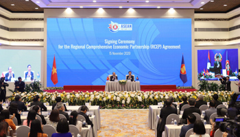 The signing ceremony for the Regional Comprehensive Economic Partnership, held via a videoconference hosted by Vietnam, then ASEAN chair, in November 2020 (Xinhua/Shutterstock)
