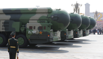 Vehicles carrying the DF-41 intercontinental nuclear missile roll past Tiananmen Square (Wu Hong/EPA-EFE/Shutterstock)