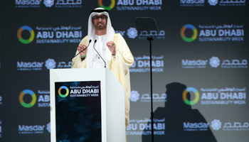 Al Jaber, Chairman of Masdar, delivering a speech at the World Future Energy Summit, January 13, 2020 (Ali Haider/EPA-EFE/Shutterstock)