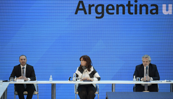 Economy Minister Martin Guzman (l) with Vice-President Cristina Fernandez de Kirchner and President Alberto Fernandez (Juan Mabromata/POOL/EPA-EFE/Shutterstock)