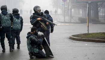 Riot police during the unrest in Almaty in early January (Vladimir Tretyakov/AP/Shutterstock)