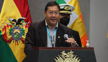 President Luis Arce makes a speech in La Paz. March, 2021 (Martin Alipaz/EPA-EFE/Shutterstock)