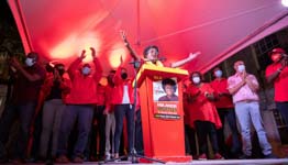 Barbados Prime Minister Mia Mottley celebrating her January 19 election landslide (Risee Chaderton-Charles/EPA-EFE/Shutterstock)