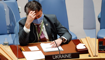 Sergiy Kyslytsya, Ukraine's ambassador to the UN, at the Security Council meeting on January 31 (Jason Szenes/EPA-EFE/Shutterstock)