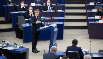 French President Emmanuel Macron presents to the European Parliament the programme for the French EU rotating presidency, Strasbourg, January 19 (Raphael Lafargue-Pool/SIPA/Shutterstock)