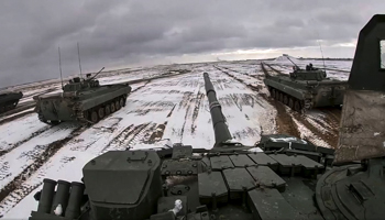 Russian armoured vehicles on exercise in Belarus, February 2 (Russian defence ministry/AP/Shutterstock)