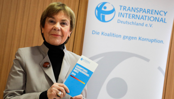 Edda Mueller, the then chairwoman of Transparency International Germany, presents the Corruption Perceptions Index for 2018, Berlin, January 29, 2019 (Markus Schreiber/AP/Shutterstock)