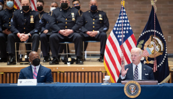 President Joe Biden and New York Mayor Eric Adams discuss gun violence at the New York Police Department headquarters, February 3 (Michael Appleton/Mayoral Photography Office/UPI/Shutterstock)