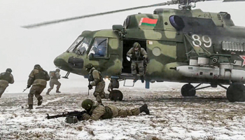 Russian troops in a helicopter landing during exercises in Belarus, February 4 (Russian defence ministry/AP/Shutterstock)