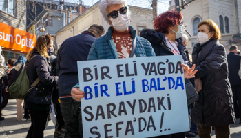 A protester against high electricity and gas bills holds a banner reading: ''One hand in oil and one hand in honey, at the palace's  pleasure", Istanbul, February 12 (Tolga Ildun/ZUMA Press Wire/Shutterstock)