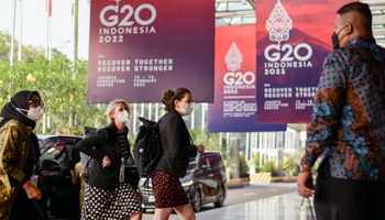 Delegates arrive at the venue of the G20 Finance Ministers and Central Bank Governors Meeting in Jakarta, Indonesia, Feb 17 (Bay Ismoyo/AP/Shutterstock)