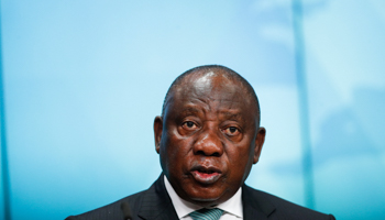 South African President Cyril Ramaphosa speaks at the European Union-African Union summit in Brussels, Belgium on February 18 (Johanna Geron/POOL/EPA-EFE/Shutterstock)