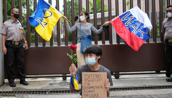 A protest over Russia's invasion of Ukraine in front of the Russian embassy in Jakarta (Tatan Syuflana/AP/Shutterstock)