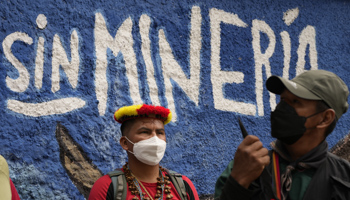 Indigenous people demonstrate against the potential expansion of mining and oil exploration on their ancestral land, Quito, October 2021 (Dolores Ochoa/AP/Shutterstock)