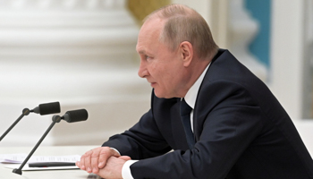 President Putin speaks to Russian businesspeople after announcing the invasion of Ukraine, February 24 (Aleksey Nikolsky/Sputnik/Kremlin/pool/EPA-EFE/Shutterstock)