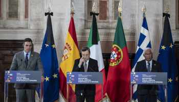 Spanish Prime Minister Pedro Sanchez (left), Italian Prime Minister Mario Draghi (centre), Portuguese Prime Minister Antonio Costa (right) (Francesco Fotia/Shutterstock)