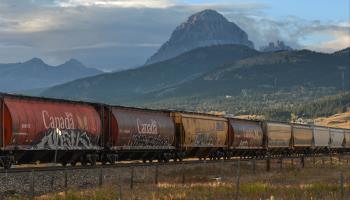 A Canadian Pacific Rail freight train travels through Crowsnest Pass in Alberta, October 3, 2021 (Artur Widak/NurPhoto/Shutterstock)
