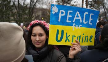 A protest in Almaty against Russia's invasion of Ukraine, March 6, 2022 (Vladimir Tretyakov/AP/Shutterstock)