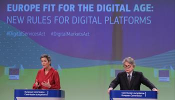 European Commission Vice President Margrethe Vestager and Commissioner Thierry Breton on the the Digital Markets Act in Brussels (Shutterstock)