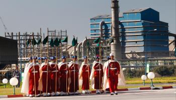 Royal guards in front of phosphate industrial production unit in Jorf Lasfar, Morocco. 2011 (Abdeljalil Bounhar/AP/Shutterstock)