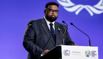 Guyana's President Mohamed Irfaan Ali addressing the COP26 climate conference in Glasgow (Dominika Zarzycka/NurPhoto/Shutterstock)