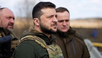 President Volodymyr Zelensky visits Bucha after the discovery of numerous dead civilians there (Ukrainian Presidental Office/UPI/Shutterstock)