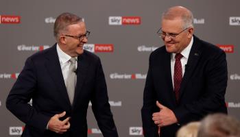 Australian Prime Minister Scott Morrison, right, and leader of the Labour Party Anthony Albanese during their televised debate in Brisbane, April 20, 2022 (Jason Edwards/AP/Shutterstock)