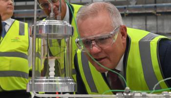 Prime Minister Scott Morrison visits a  hydrogen research facility in Sydney, April 21, 2021 (MICK TSIKAS/EPA-EFE/Shutterstock)