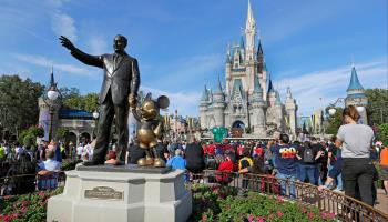 A statue of Walt Disney and Mickey Mouse in front of the Cinderella Castle at Walt Disney World, Florida, March 28, 2019 (John Raoux/AP/Shutterstock)