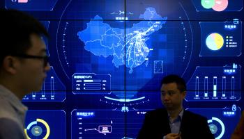 Electronic display showing a map of China at the Global Mobile Internet conference in Beijing, 2018 (Mark Schiefelbein/AP/Shutterstock)