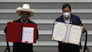 Peruvian President Pedro Castillo (l) and his Bolivian counterpart Luis Arce in La Paz (Martin Alipaz/EPA-EFE/Shutterstock)