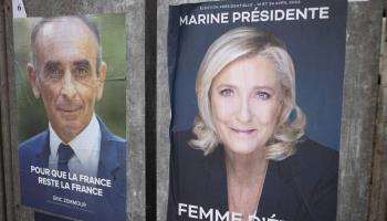 Posters of Eric Zemmour (left) and Marine Le Pen (right) (Arnaud Andrieu/SIPA/Shutterstock)
