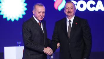Turkish President Recep Tayyip Erdogan (L) shaking hands with Azerbaijan's President Ilham Aliyev (R) during the opening ceremony of the Trans-Anatolian Natural Gas Pipeline, Edirne, November 30, 2019 (Tolga Bozoglu/EPA-EFE/Shutterstock)