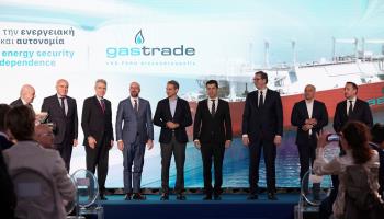 European Council President Charles Michel joins the leaders of four Balkan countries on a tour of LNG facilities being built to challenge Russia's energy dominance in the region, on May 3, in Alexandroupolis, Greece (Dimitris Papamitsos/AP/Shutterstock)
