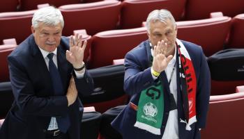 Hungarian Football Federation head Sandor Csanyi (L), who owns the country's largest commercial bank, with Prime Minister Viktor Orban at the start of the Euro 2020 football championship, Ferenc Puskas stadium, Budapest, June 15, 2021 (Laszlo Balogh/AP/Shutterstock)