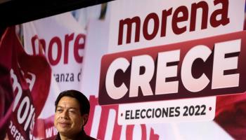 Morena President Mario Delgado announces that the party has won the governorships of four states. Mexico City, June 5 (Luis Barron/Eyepix Group/Shutterstock)