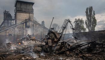 A grain silo in south-eastern Ukraine destroyed by Russian shelling, May 25 (Alex Chan/SOPA Images/Shutterstock)