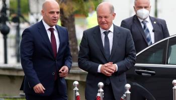 German Chancellor Olaf Scholz (R) is welcomed by North Macedonia's Prime Minister Dimitar Kovacevski (L), at his arrival in Skopje on June 11, at the start of his Balkans tour to express support for the quicker integration of the Western Balkans into the EU amid the war in Ukraine (Boris Grdanoski/AP/Shutterstock).