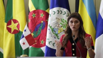 Panamanian Foreign Minister Erika Mouynes speaks after participating in a meeting with Central American and Caribbean counterparts to discuss the war in Ukraine, Panama City, May 3 (Bienvenido Velasco/EPA-EFE/Shutterstock)