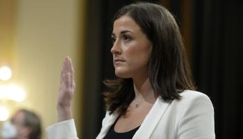 Former White House aide Cassidy Hutchinson is sworn in as a committee witness, June 28 (Bonnie Cash/UPI/Shutterstock)