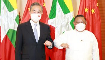 Chinese Foreign Minister Wang Yi (left) meeting his junta-appointed counterpart Wunna Maung Lwin (right) in Myanmar earlier this month (Xinhua/Shutterstock)
