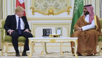 Saudi Crown Prince Mohammed bin Salman and British Prime Minister Boris Johnson, Riyadh, Saudi Arabia, March 16 (Stefan Rousseau/AP/Shutterstock)