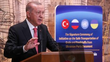 Turkish President Recep Tayyip Erdogan attends the signing of an agreement for the safe transport of foodstuffs from Ukrainian ports, Istanbul, July 22 (Gokhan Mert/UPI/Shutterstock)

