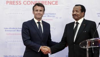 Presidents Emmanuel Macron and Paul Biya during Macron's visit to Cameroon on July 26.(Lemouton/Pool/SIPA/Shutterstock)
