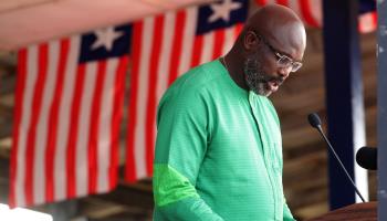 Liberian President George Weah speaks at the Armed Forces Day celebration in February (Ahmed Jallanzo/EPA-EFE/Shutterstock)