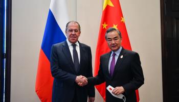 Chinese Foreign Minister Wang Yi (R) with his Russian  counterpart Sergey Lavrov at a G20 meeting, July 7 (Xinhua/Shutterstock)