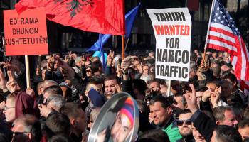 Albanian opposition supporters shout anti-government slogans during a protest in front of Government's building in Tirana, Albania, 27 January 2018 (Malton Dibra/EPA-EFE/Shutterstock)
