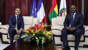 Bissau-Guinean President Umaro Sissoco Embalo and French President Emmanuel Macron during the latter's July 28 visit to Bissau (Stephane Lemouton-Pool/SIPA/Shutterstock)