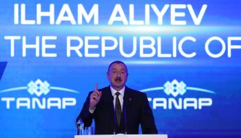 Azerbaijani President Ilham Aliyev at a ceremony marking the launch of the trans-Anatolian pipeline on the Turkish-Greek border in 2019 (Tolga Bozoglu/EPA-EFE/Shutterstock)
