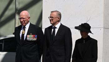 Governor-General David Hurley (L), Prime Minister Anthony Albanese and Linda Hurley, wife of the Governor-General, at the Proclamation of King Charles III,  Canberra, September 11, 2022 (Mick Tsikas/EPA-EFE/Shutterstock)